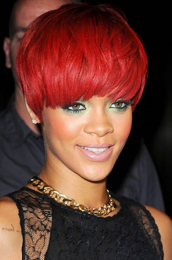 Rihanna Inspired Short Red Human Hair Wig with Full Fringe NR-03