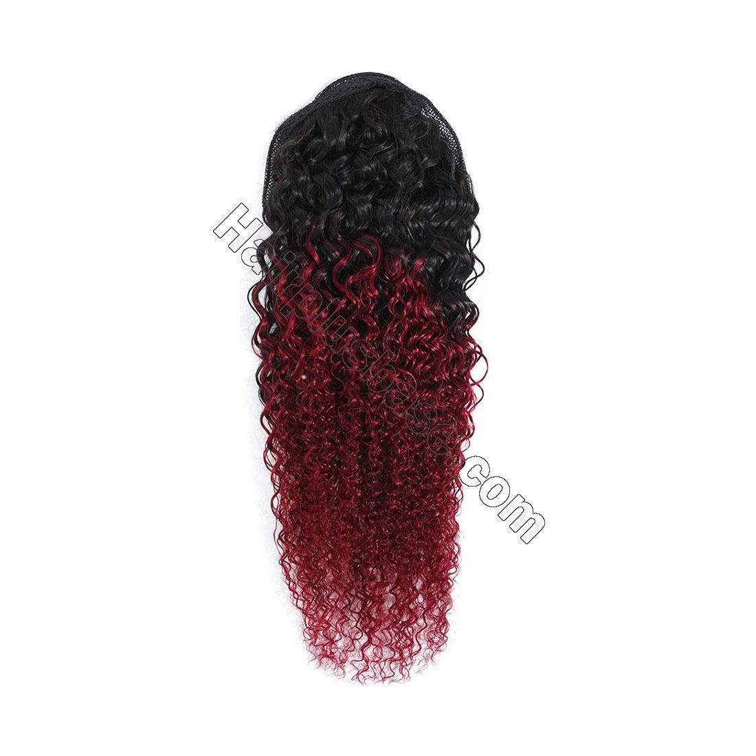 14 - 32 Inch Ombre Loose Curly Human Hair Ponytail Drawstring Clip Ponytail Extensions #1B/Light 99J no 2