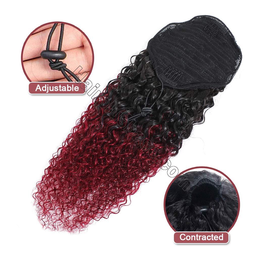 14 - 32 Inch Ombre Loose Curly Human Hair Ponytail Drawstring Clip Ponytail Extensions #1B/Light 99J no 4