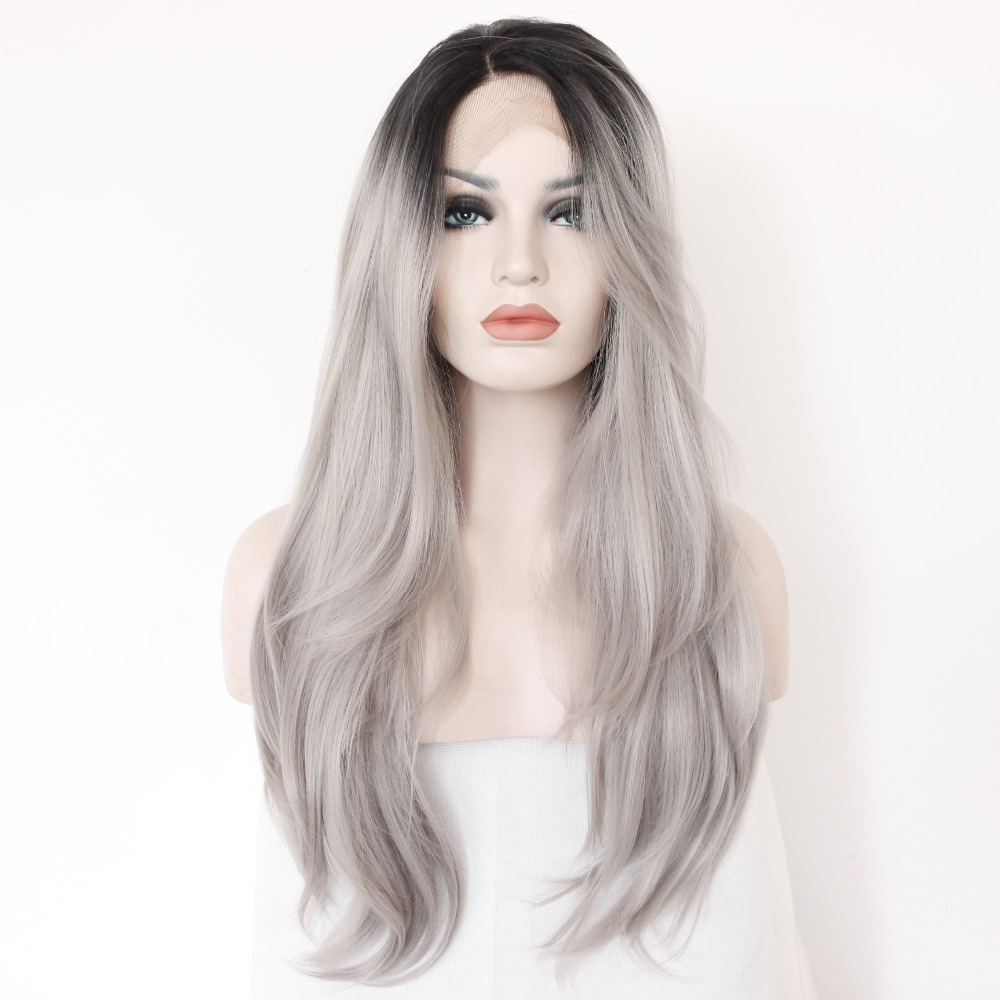 Two Tones Ombre Lace Front Wig with Black to Gray Gradient Heat Resistant Hair 0