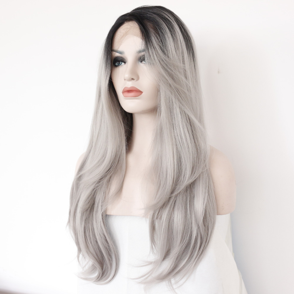 Two Tones Ombre Lace Front Wig with Black to Gray Gradient Heat Resistant Hair 2
