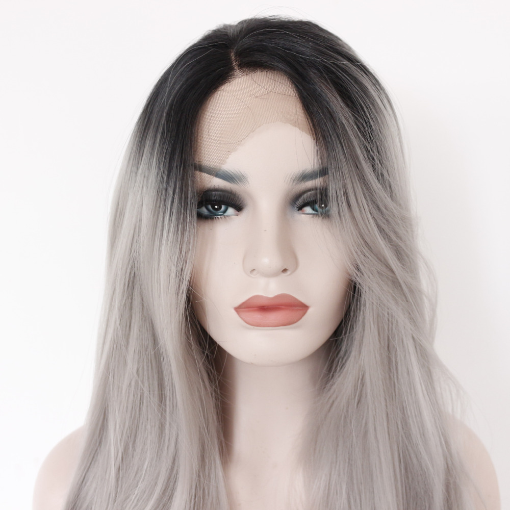 Two Tones Ombre Lace Front Wig With Black To Gray Gradient Heat