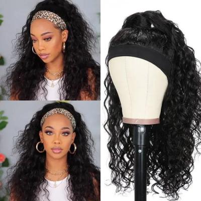 Water Wave Headband Wig Human Hair Wigs With Pre-attached Scarf Natural Color