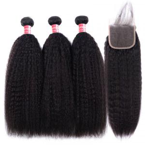 Yaki Straight Hair 3 Bundles With Lace Closure Kinky Straight Human Hair
